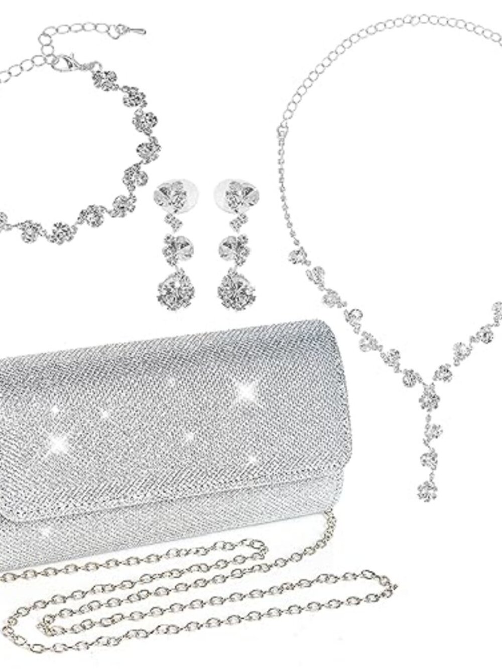 Rhinestone Jewelry Set Silver Clutch Purse Necklace Earrings Bracelet Evening